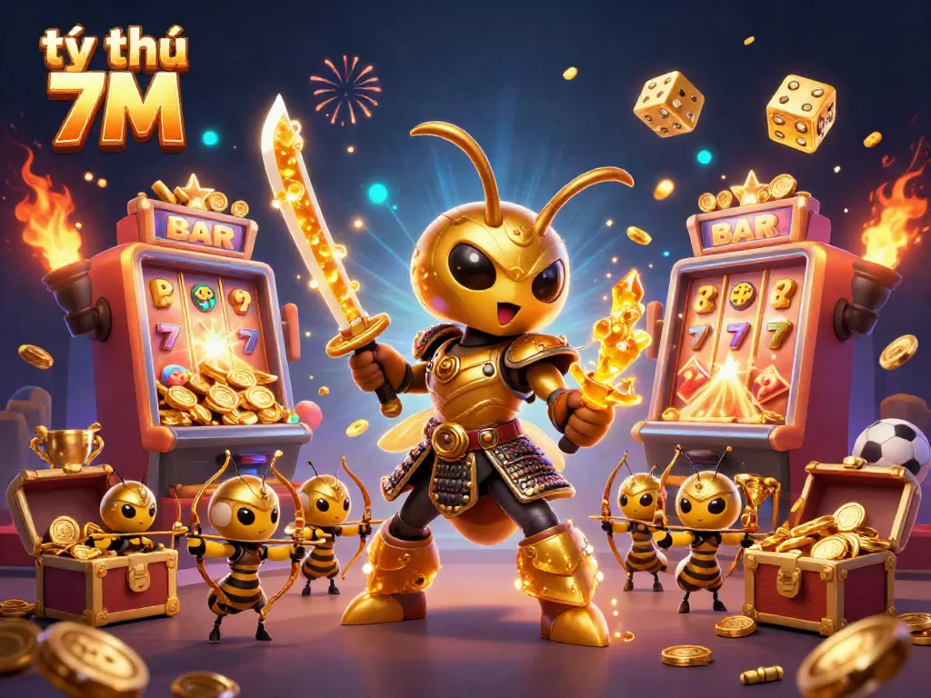 Engaging illustration of tỷ lệ 7M showcasing a golden hornet samurai amidst dynamic gambling elements like jackpots and trophies.