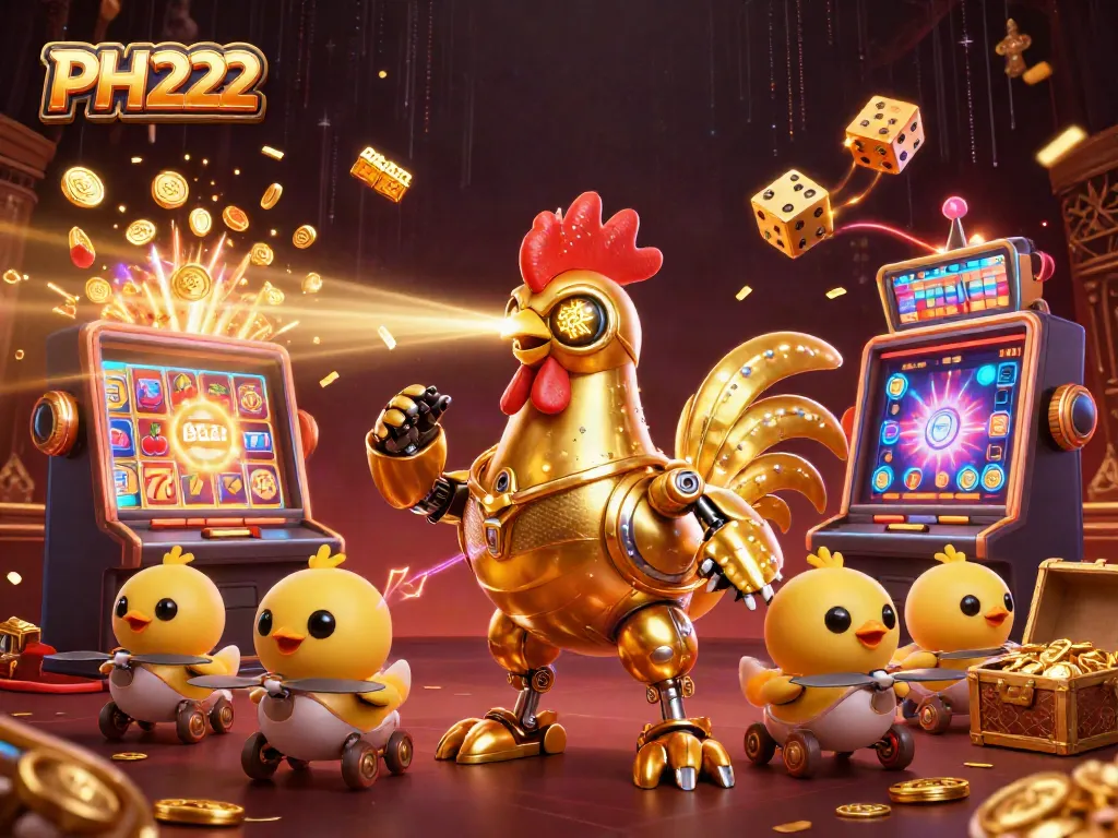 Experience the excitement of PH222 with a vibrant casino scene featuring a golden rooster robot and baby chick drones.