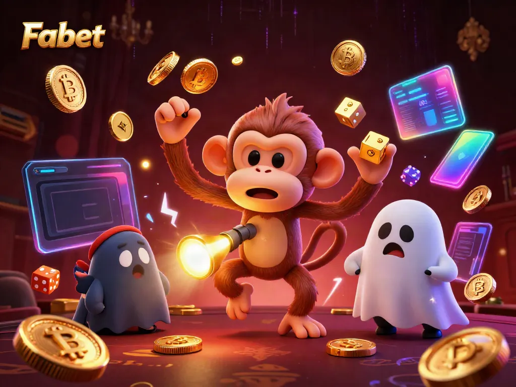 Experience the thrilling gameplay at Fabet with a lively casino scene featuring a playful monkey and ghost-hunter puppy.