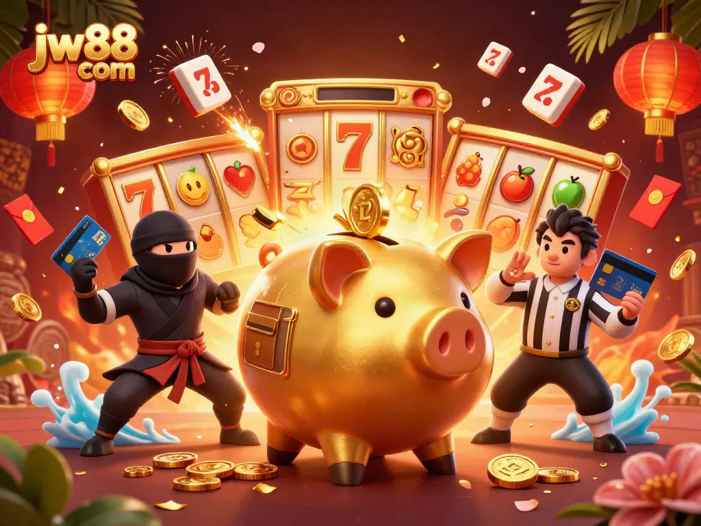 Experience thrilling gaming action with jw88 com's animated 3D casino scene, filled with luck and excitement.