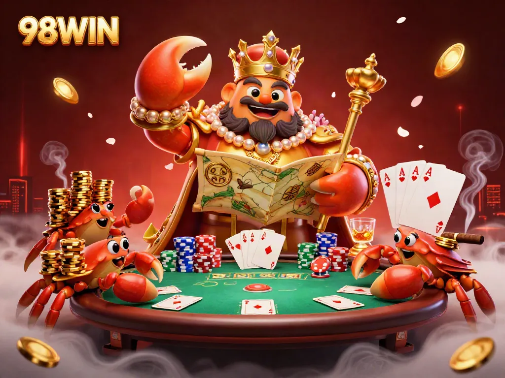 Engage in thrilling gameplay at 98WIN with this vibrant cartoon casino illustration of a golden crab emperor and poker elements.