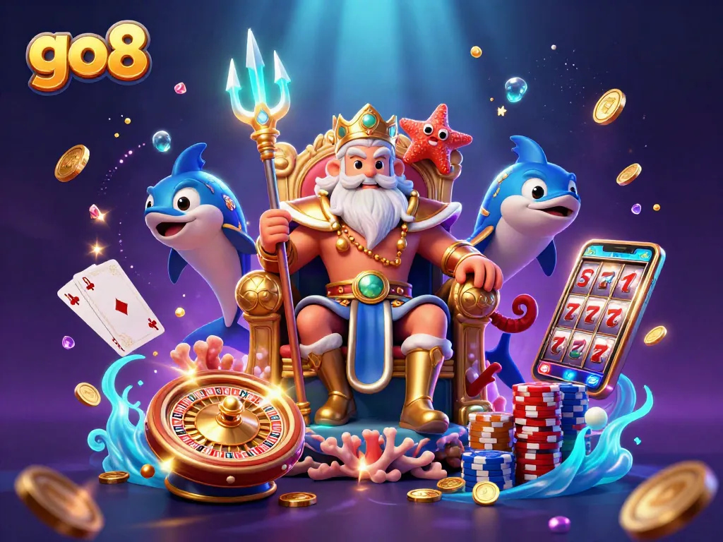 Engage with go8's thrilling slot action featuring Neptune and casino treasures in a vibrant 3D scene.
