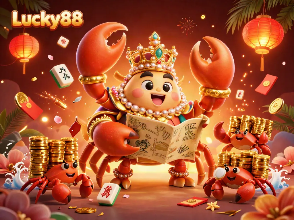 Experience thrilling gambling with Lucky88's vibrant crab emperor and a treasure-filled scene.