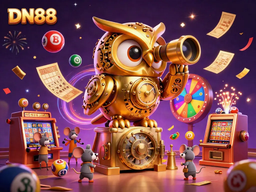 Experience gaming excitement at DN88 with vibrant slot machines and dynamic lottery elements.